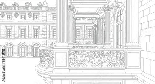 Architectural drawing of a classical building with ornate balcony and columns