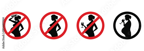 Crucial health warnings for pregnant women featuring prohibition signs for unhealthy activities like drinking alcohol and general health advice
