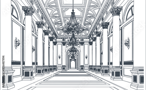 Grand ballroom interior with chandeliers and columns in a luxurious design style