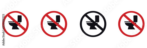 Clear prohibition signs featuring a toilet silhouette in red and black circles, universally signifying 'no toilet' or 'out of order' notifications for essential public guidance.
