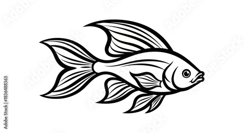 Black and white illustration of a goldfish isolated on white background