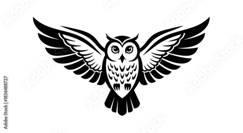 Black and white owl illustration with wings spread isolated on white