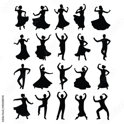 Black Silhouettes of People in Historical and Period Clothing, Vector Set of Victorian Family and Couple Silhouettes, Vintage Style People in Long Dresses and Coats, silhouette, vector, illustration.