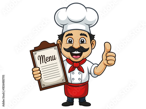 Cheerful cartoon chef holding menu and giving thumbs up