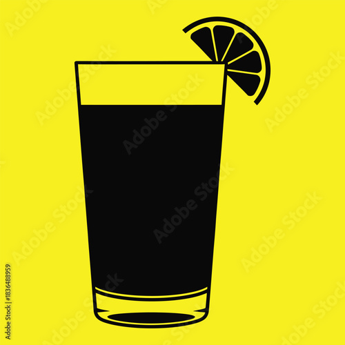 Black silhouette of a tall glass with dark liquid and a lemon slice on yellow background drink