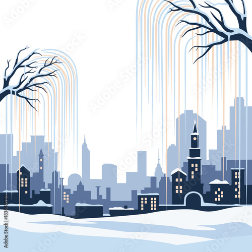 Urban skyline with cascading fireworks over snowy landscape at night  