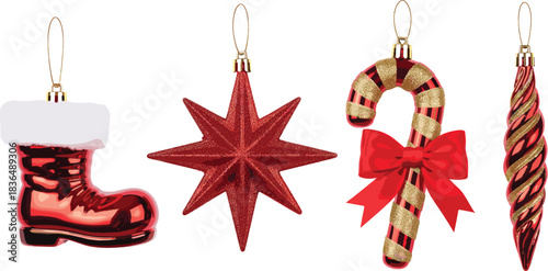 Collection of four realistic Christmas ornaments in shiny red glass, including a Santa boot, glitter star, candy cane with a bow, and a spiraled icicle
