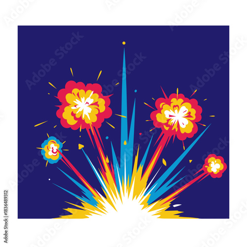 Colorful fireworks exploding in vibrant patterns against navy backdrop  