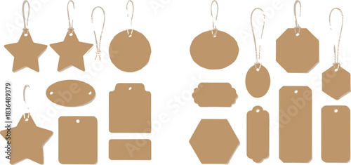 Large vector collection of blank cardboard kraft paper tags in various geometric and decorative shapes, including stars, hexagons, and rectangles, perfect for price labels, gift wrapping