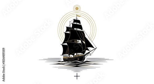 Black sailing ship illustration with sun and lines on a white background