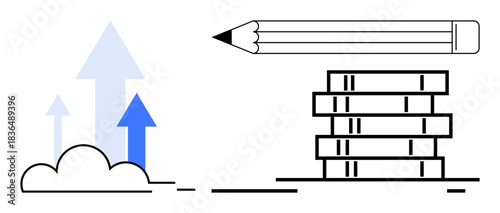 Education, personal development, career growth, creativity, innovation, success. Stack of books, pencil and arrows pointing upward. Education and personal development conceptual design
