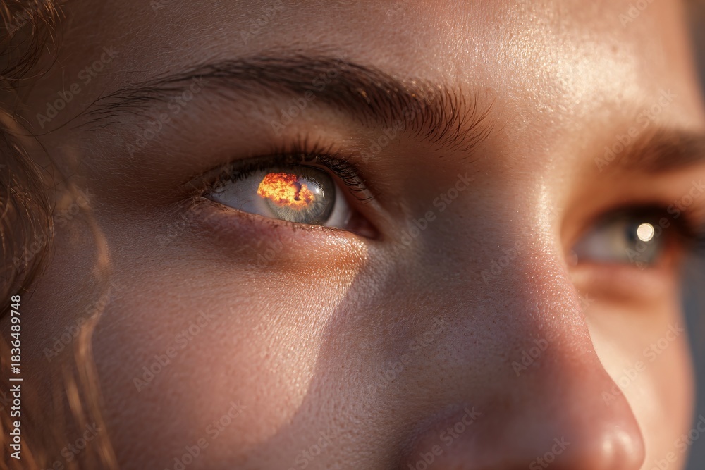 Fototapeta premium A woman's face is highlighted, showing intense emotion with a mushroom cloud reflected in her eye