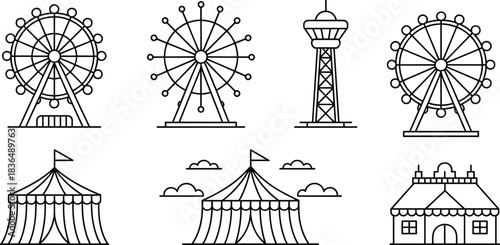 Amusement park icons, black line vector set, Ferris wheel, circus tent, observation tower, editable fairground graphics, minimal entertainment design elements