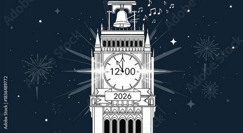 Clock tower strikes midnight for new year 2026 celebration with fireworks display