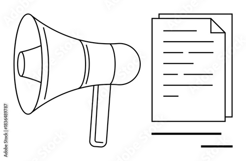 Communication, announcements, public relations, news updates, business strategies, awareness campaigns. Line art of a megaphone and documents. Communication and announcements concept