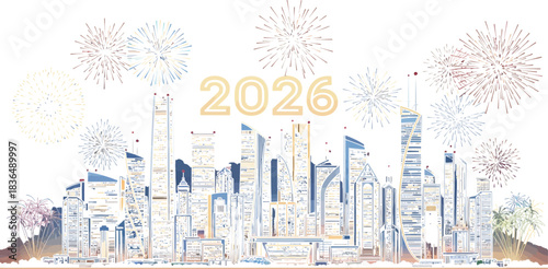 Celebrating the new year 2026 with fireworks over a futuristic cityscape view