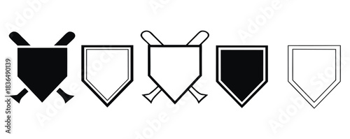 outline silhouette home plate baseball icon set isolated on white background.Vector art of a collection of baseball home base icons with crossed bats isolated on white background
