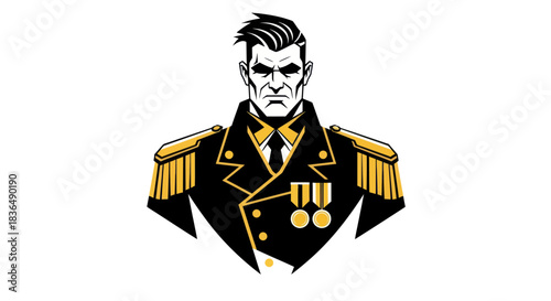 Bold portrait of a uniformed figure against a white background