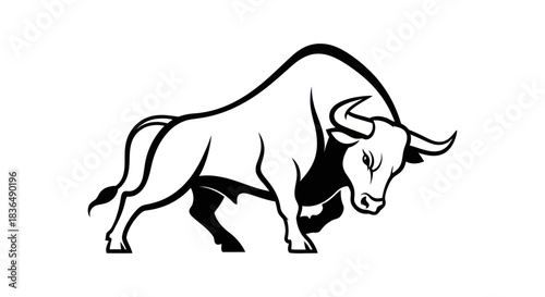 Bold silhouette of a bull in motion ready for action on white