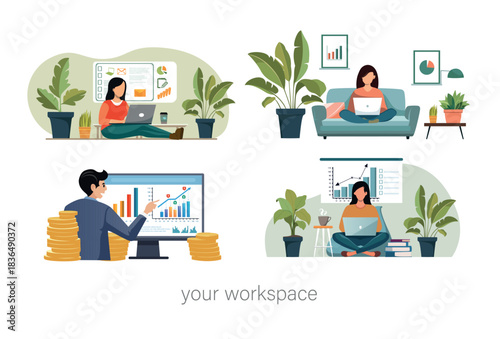 Flat vector illustration of a workspace with a laptop and diagrams 