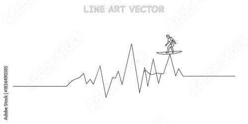 Continuous one line drawing of surfer riding on financial graph wave illustrating market trends and balancing risk