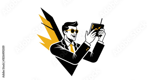 Businessman holding device modern illustration isolated on white background