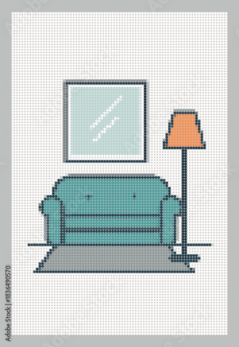 Vector Halftone Mosaic Living Room Interior With Teal Sofa And Orange Lamp Pixel Dot Art Style Furniture Stipple Effect Geometric Home Decor Design Illustration