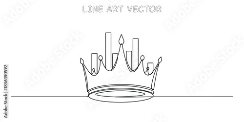 Continuous one line drawing of royal crown combined with bar chart representing market leadership and top ranking