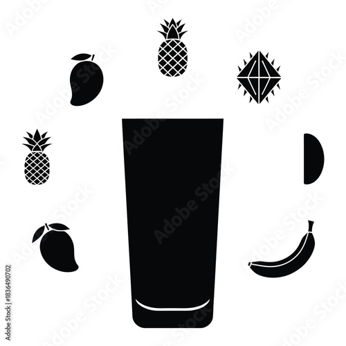 Silhouette of a tall glass surrounded by various fruits and a geometric shape drink beverage