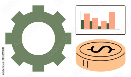Green gear, bar graph with rising data, and dollar coin representing financial growth, productivity, and operational strategies. Ideal for finance, analytics, business, investment economy savings