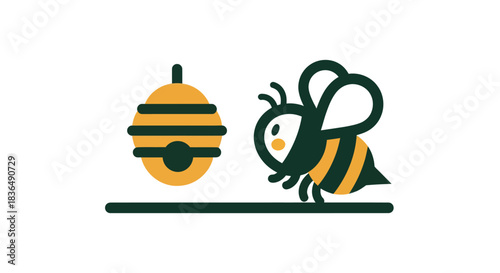 Cartoon bee and beehive illustration on white background
