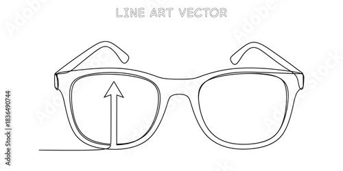 Continuous one line drawing of eyeglasses with upward arrow on lens representing positive outlook and growth mindset