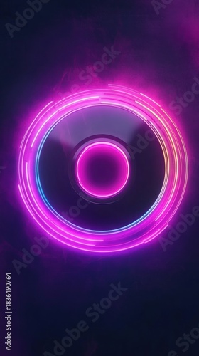 Hypnotic Neon Glow: Dynamic Concentric Rings of Pink, Blue, Yellow Light on Dark Textured Background