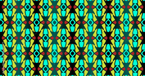Vibrant multicolor geometric seamless pattern with bold abstract shapes arranged in a lively balanced design.