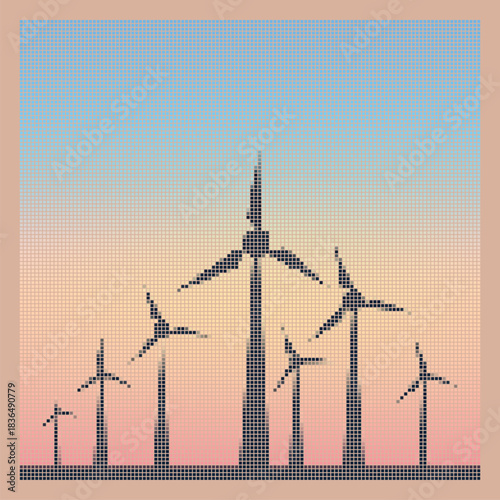 Halftone Mosaic Wind Turbines Vector Pixel Art Landscape Eco Energy Windmill Silhouette Gradient Sunset Sky Retro Dithering Renewable Power Concept Background Design Poster