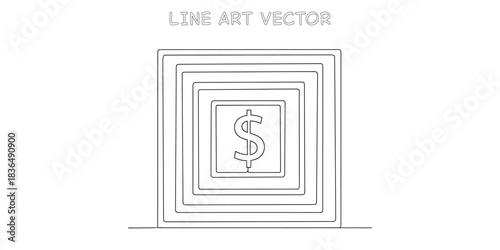 Continuous one line drawing of square maze with dollar sign in center representing financial puzzle and problem solving