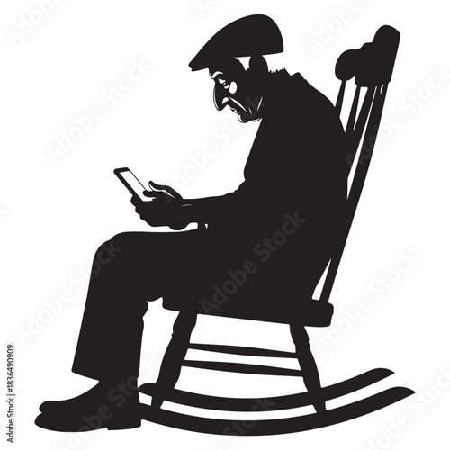 Silhouette of Elderly Man in Rocking Chair Using Smartphone senior person