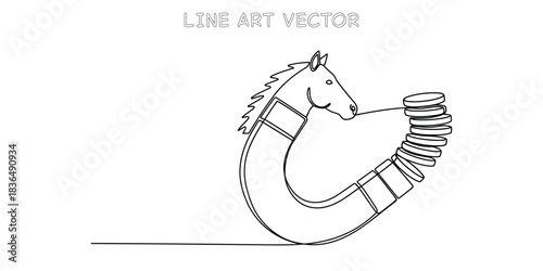 Continuous one line drawing of horse shoe magnet attracting coins illustrating business attraction and lead generation