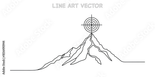 Continuous one line drawing of mountain peak with target board on top representing high ambition and ultimate goal