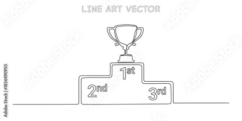 Continuous one line drawing of winners podium with trophy cup for first place competition and championship success