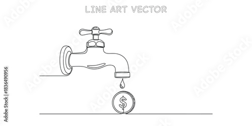 Continuous one line drawing of water tap dripping dollar coin concept for passive income and cash flow business metaphor