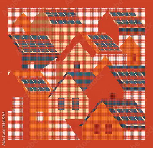 Geometric Halftone Solar Panel Rooftops Vector Illustration. Abstract Stipple Dot Matrix Houses Orange Blue. Eco Energy Cityscape Mosaic Poster Design Background Pattern