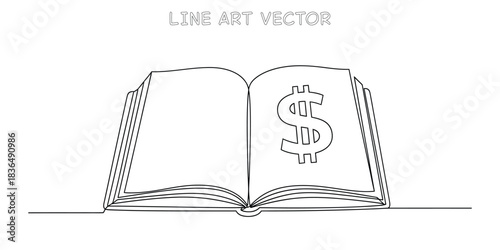 Continuous one line drawing of open book with dollar sign on page representing financial education and accounting