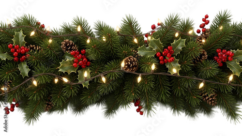 Christmas garland with lights and berries isolated on transparent background