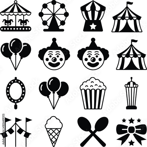 Carnival and circus icons, black line vector set, clown, tent, carousel, Ferris wheel, food, entertainment symbols, editable fairground design elements