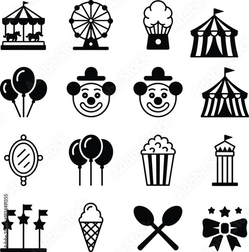 Carnival and circus icons, black line vector set, clown, tent, carousel, Ferris wheel, food, entertainment symbols, editable fairground design elements