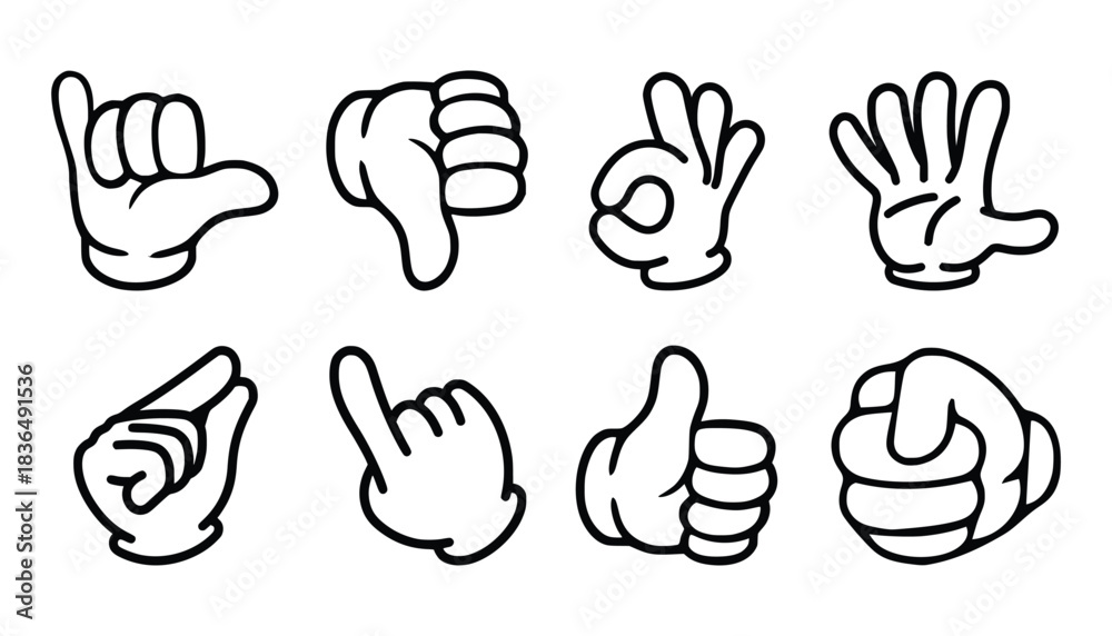 Fototapeta premium Cartoon Hands Vector Illustration Set.Expressive White Glove Gestures Hand Collection for Diverse Design Project