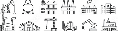 Industrial and construction icons, black line vector set, factory, oil pump, crane, forklift, robotic arm, infrastructure graphics, editable engineering building elements