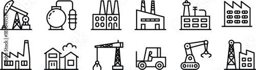 Industrial and construction icons, black-and-white line vector set, factory, oil rig, crane, forklift, robotic arm, infrastructure graphics, editable engineering elements