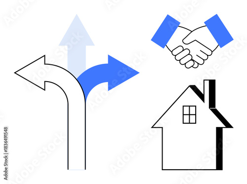 Business planning, real estate, partnerships, decision making, career choices, and teamwork. Blue arrows indicating directions, handshake and a house icon. Decision making and business planning